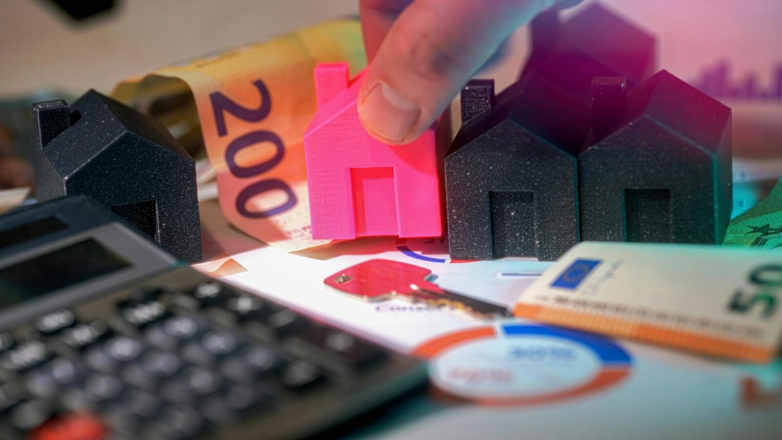 Miniaturhäuser, Euroscheine und ein Taschenrechner stellen Immobilieninvestitionen dar.